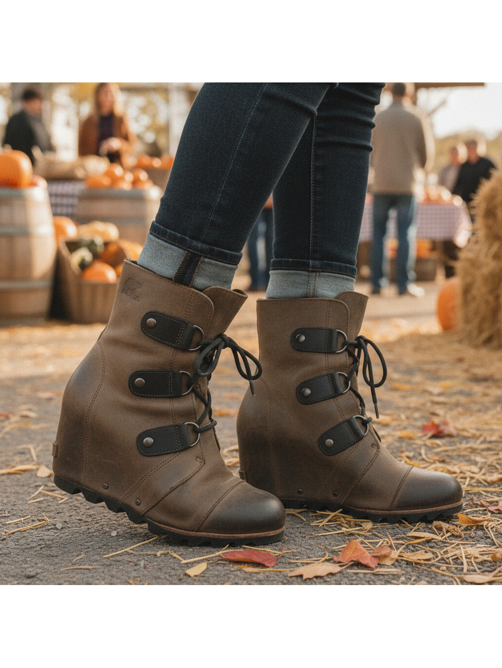 Sorel Joan of Arctic Waterproof Leather Wedge Mid Boots Brown Women's 7.5